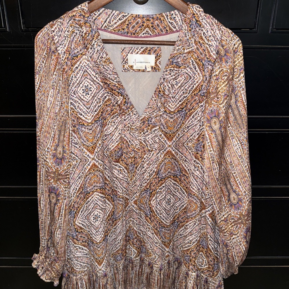 Anthropologie Sabia Flounced Tunic Dress Small Brown Multi V Neck Pockets Lined - Picture 11 of 16
